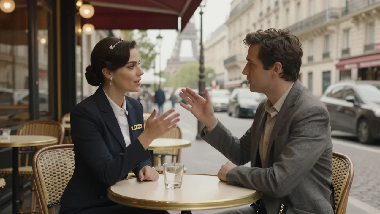 Professional meeting in Parisian café, Eiffel Tower in background.