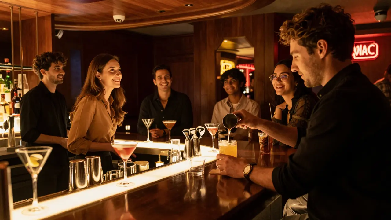 Trendy bar scene in Le Marais with creative cocktails and diverse crowd.