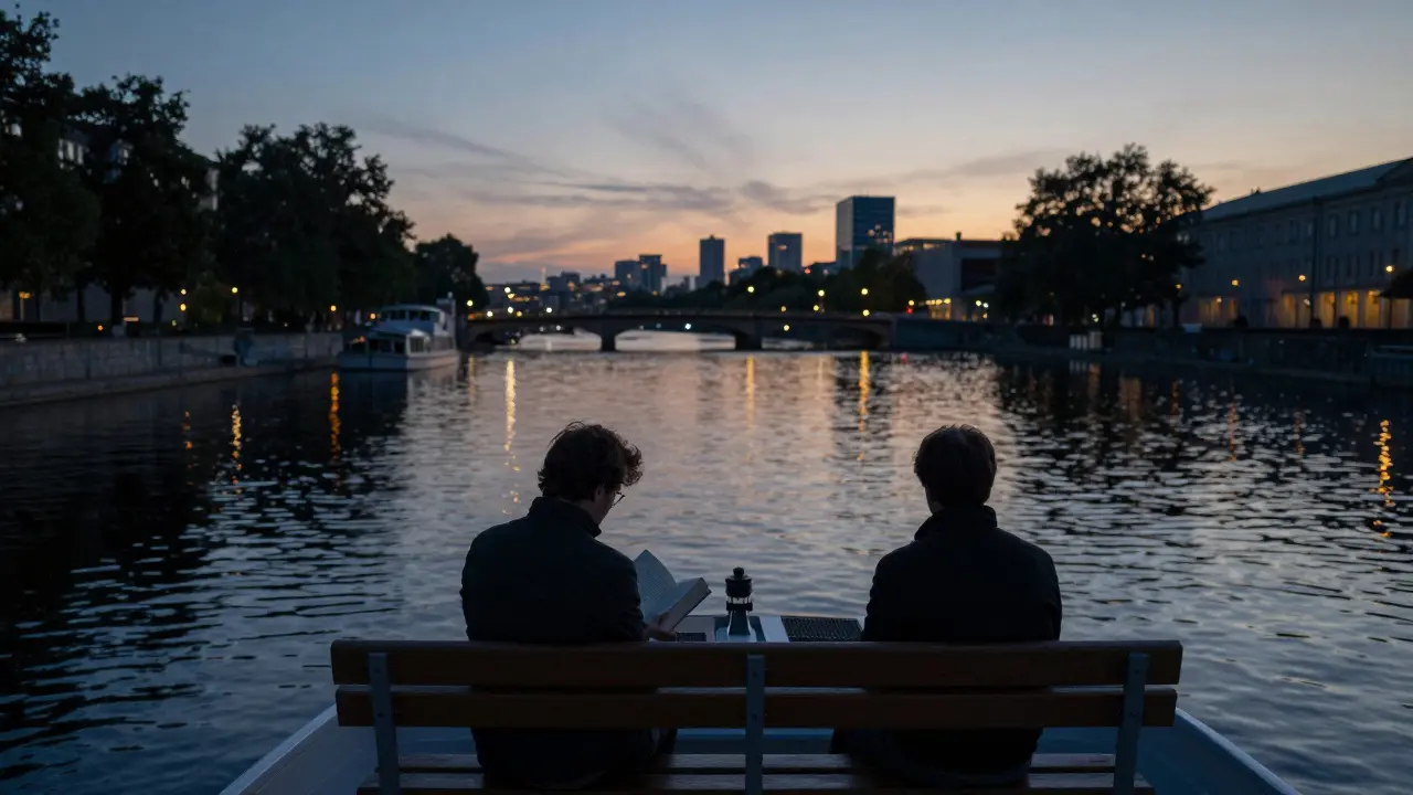Two figures on a private boat along the Spree River at dusk, sharing calm companionship without physical contact.