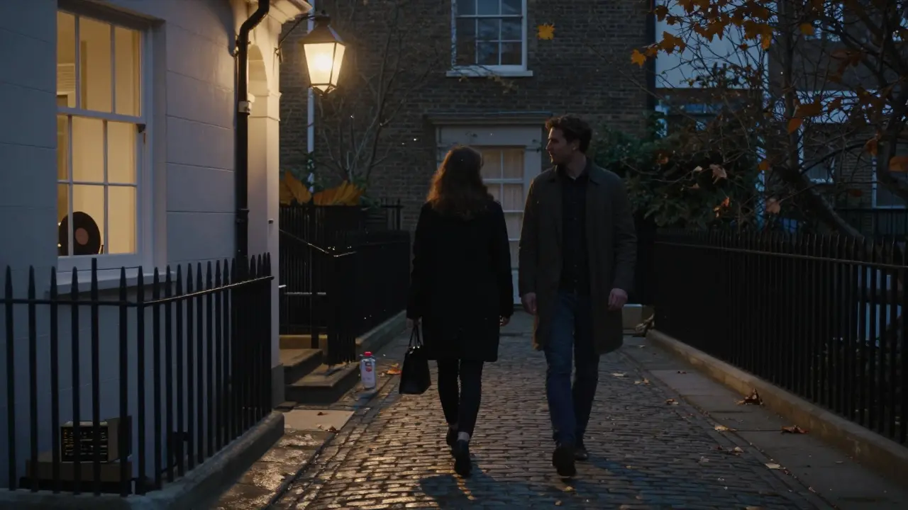 Two people walking through a misty London courtyard under a single lantern, jazz music faintly audible.