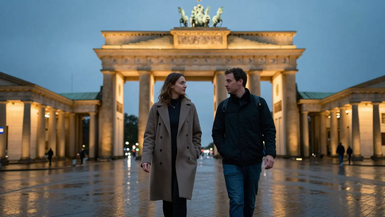 Two people walking together near Brandenburg Gate at dusk, engaged in quiet talk.