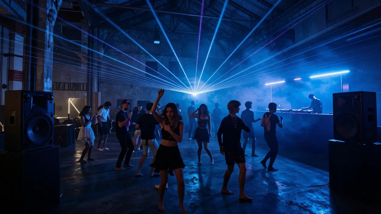 Underground techno club with laser lights and dancing crowd in a converted warehouse.