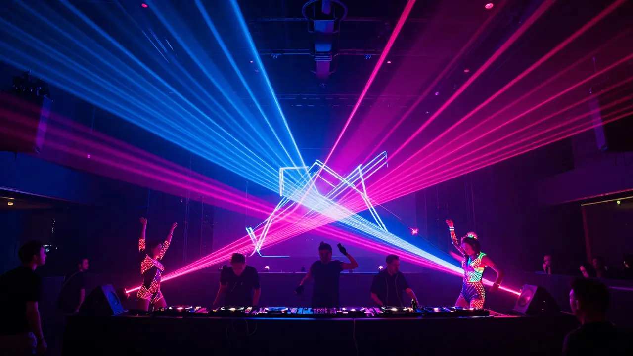 Vibrant nightclub with 360-degree light projections and dancing crowd