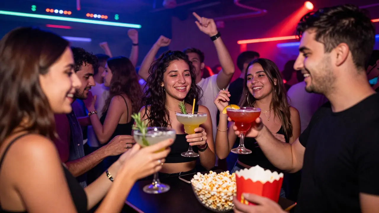 Young people dancing in a vibrant nightclub with glowing cocktails and neon lights, enjoying 2-for-1 drinks and popcorn.