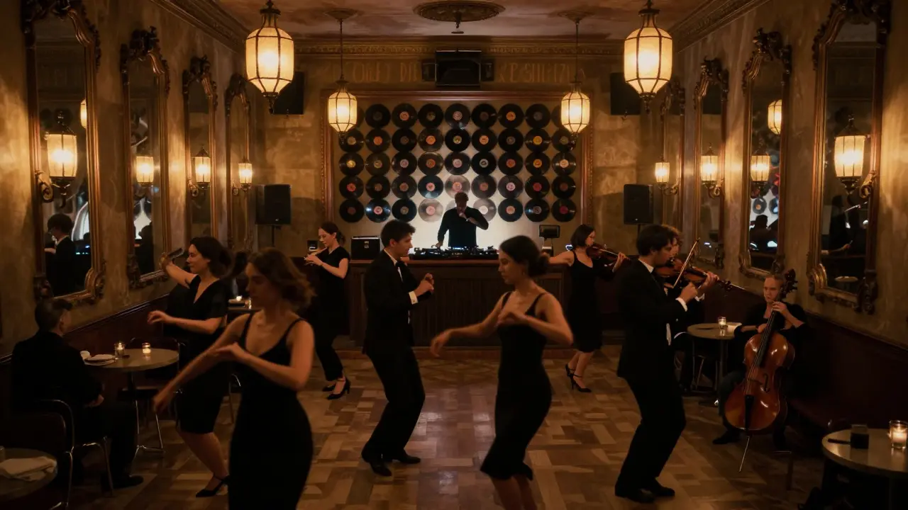 A hidden theater dance floor lit by lanterns, surrounded by antique mirrors and jazz musicians.