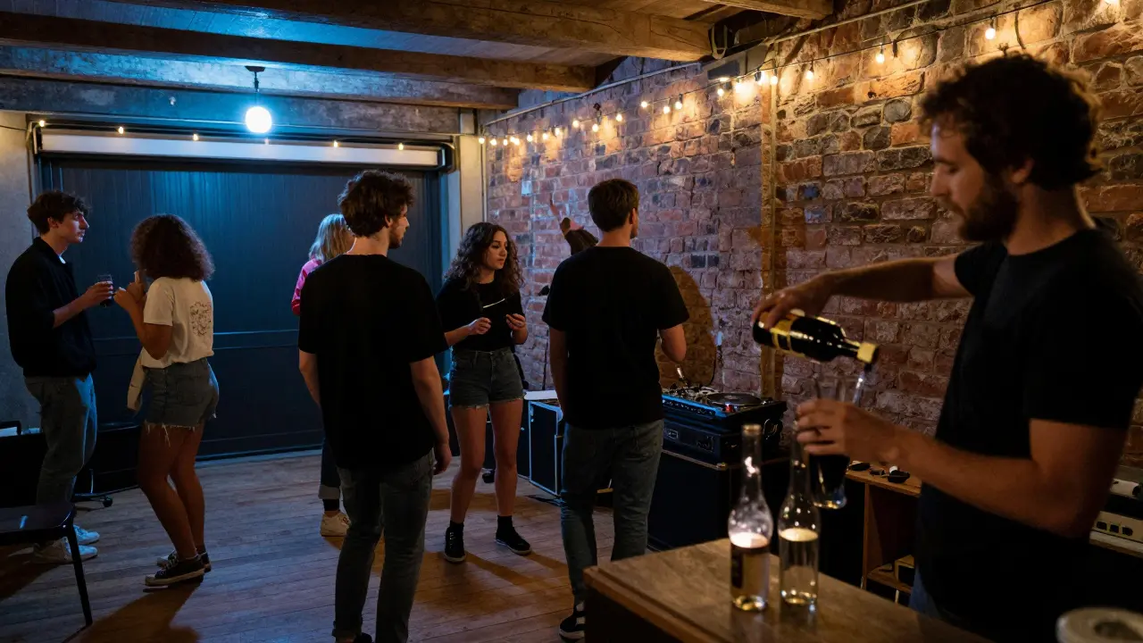 A late-night garage bar in Paris with wooden dance floor, string lights, and people dancing to vintage synth music.