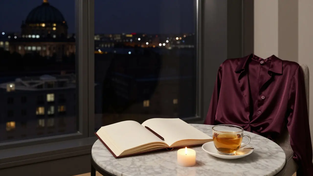 A luxurious Berlin penthouse interior with an open journal, a silk blouse, and a candle, overlooking the city skyline at night.
