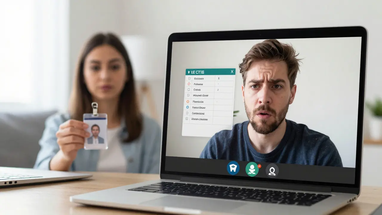 A man and woman in a video call, with ID verification visible on screen, conveying trust-building.