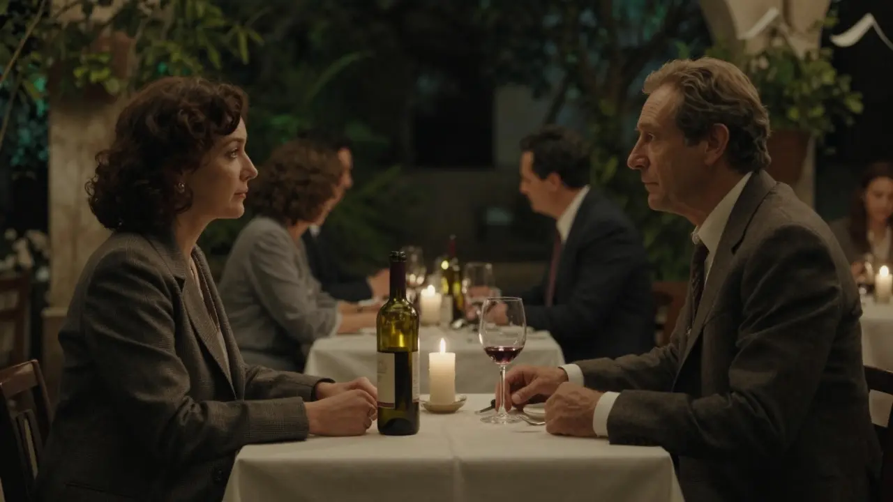 A man and woman share a quiet dinner in a hidden garden, their hands near but not touching, in soft candlelight.