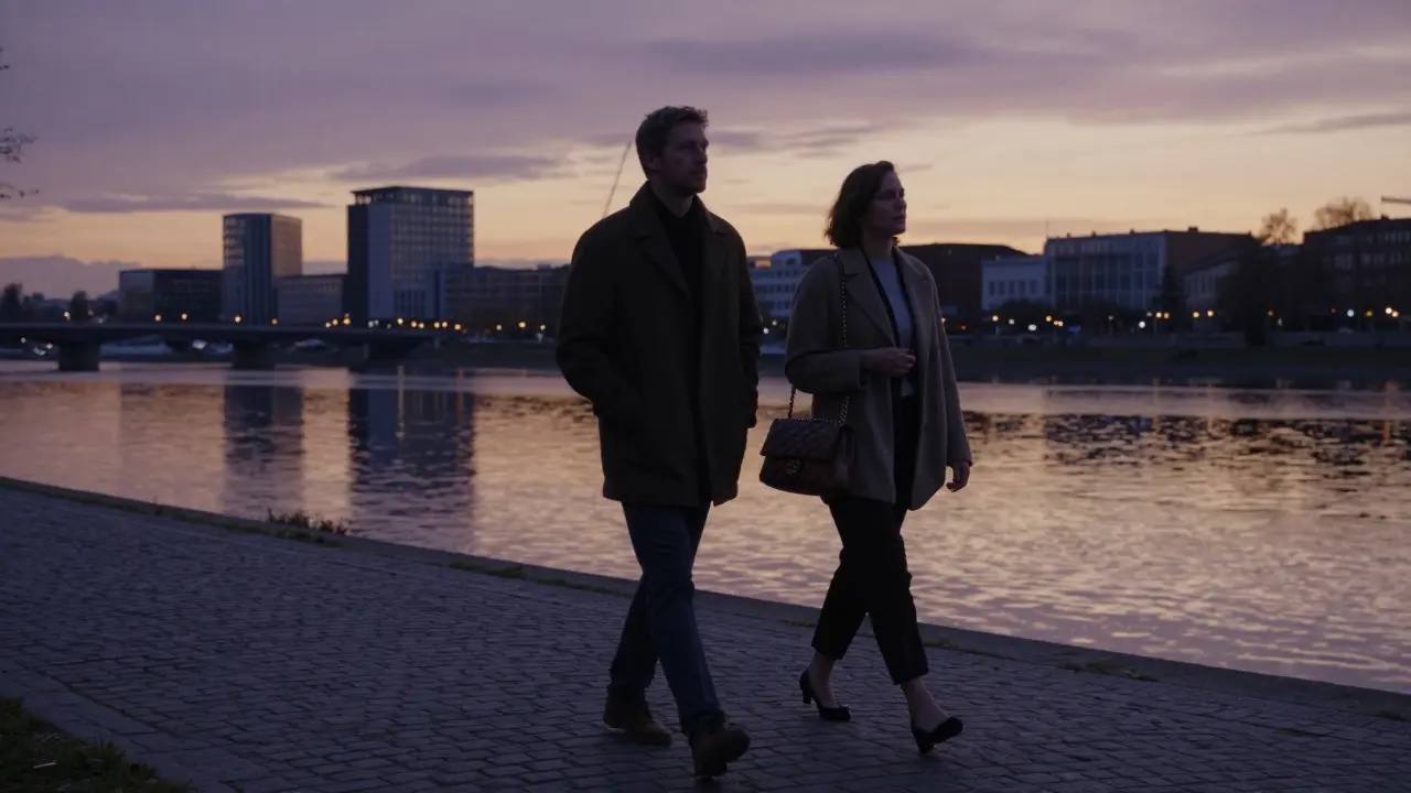 A man and woman walking peacefully along the Spree River at sunset, dressed elegantly, no physical contact.