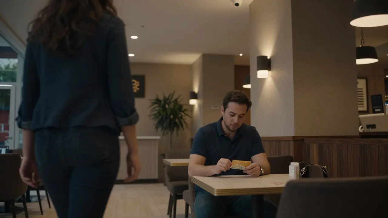A man sits alone in a hotel lobby with cash, waiting for a woman who approaches calmly under surveillance cameras.
