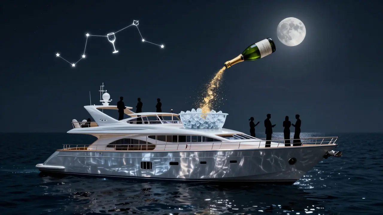 A mysterious yacht party at sea under moonlight, with a floating champagne bottle pouring into hovering ice.