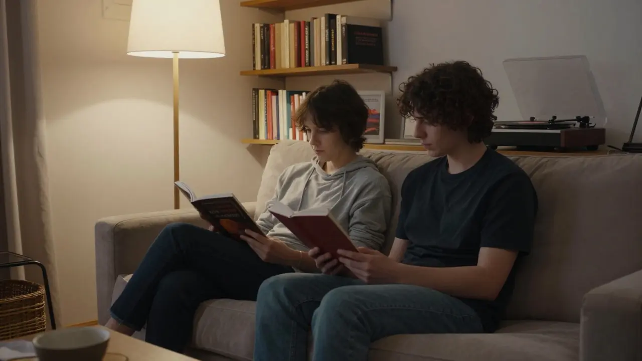 A person reading quietly on a sofa beside another in a cozy apartment, books and a record player visible, warm lamplight creating a peaceful atmosphere.