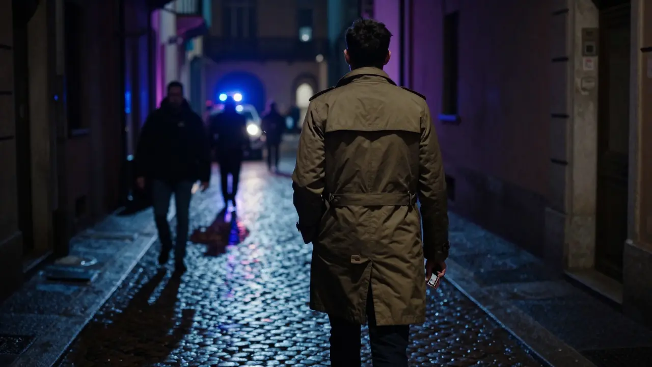 A person walking away from a dark alley in Milan at night, holding a prepaid card, under faint police lights.