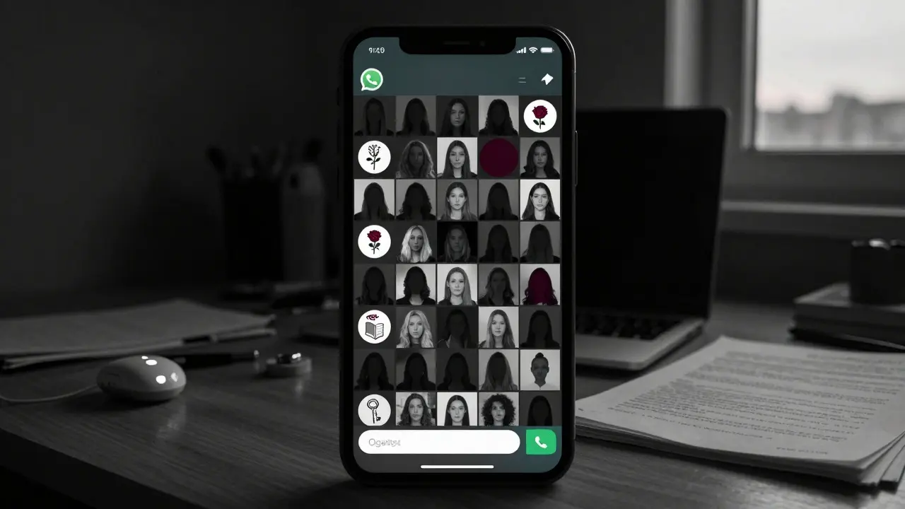 A phone screen shows a private WhatsApp group of 47 women, represented by abstract symbols, in a dimly lit room at dawn.