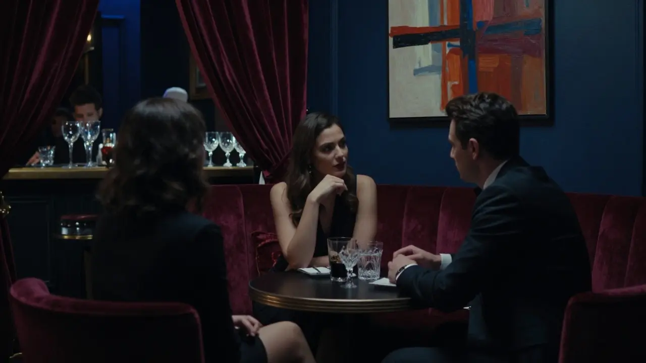 A poised woman listens intently to a man in a private members-only club, soft lighting and velvet drapes in background.