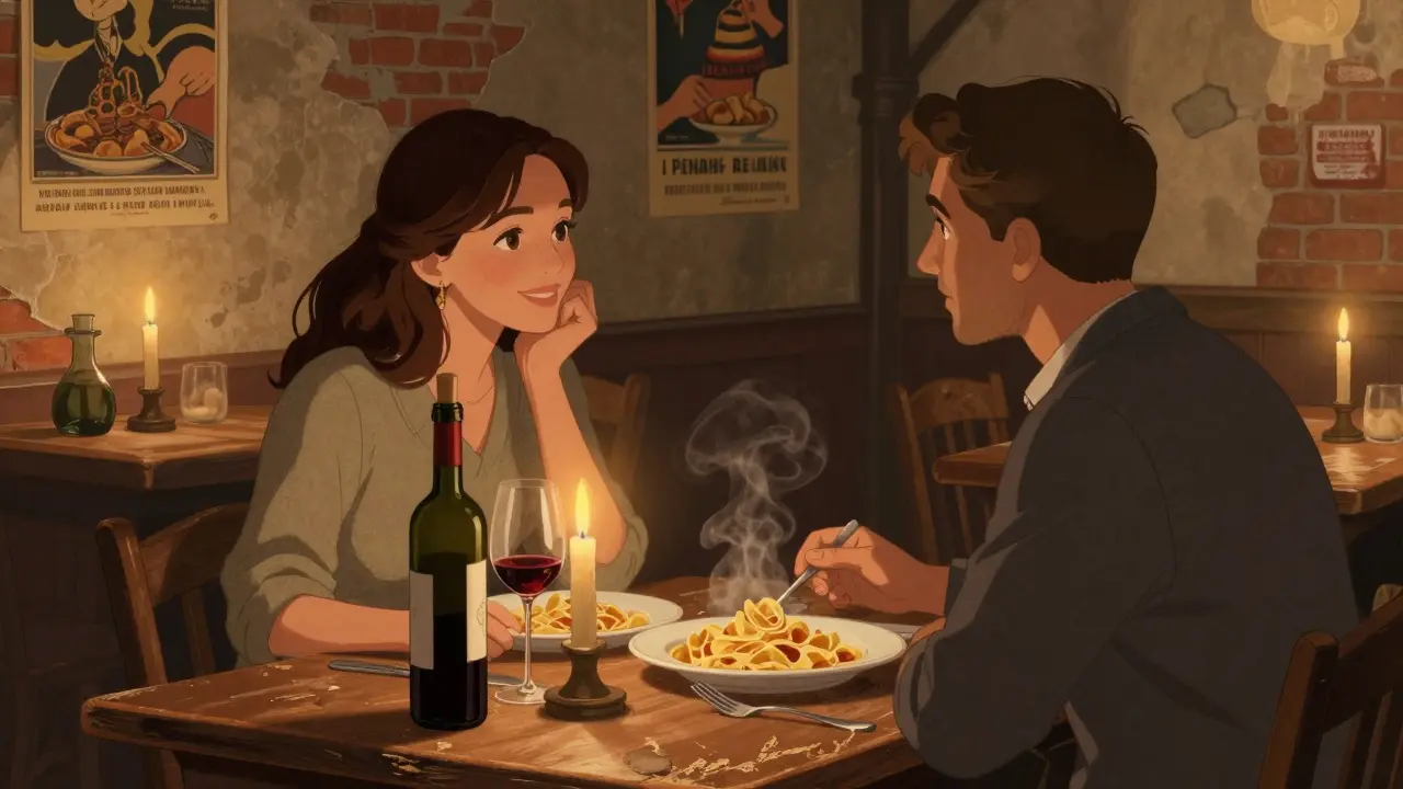 A quiet dinner in a cozy Milanese trattoria, candlelight illuminating shared conversation over pasta and wine.