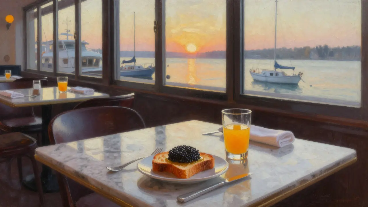 A quiet sunrise breakfast table at Le Chantecler with caviar, toast, and orange juice, dawn light streaming through windows, empty chairs and gently rocking boats outside.