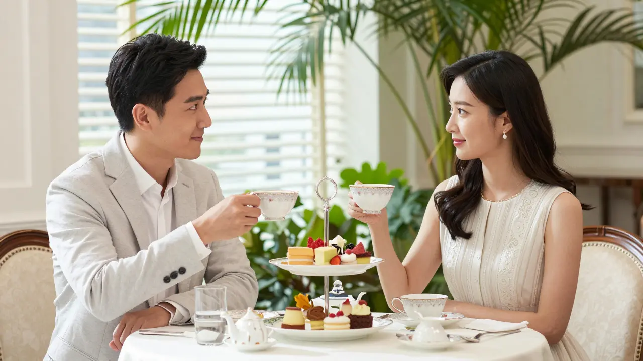 A refined tea service at a luxury hotel lounge, a man and woman seated across from each other, sunlight streaming through elegant blinds.