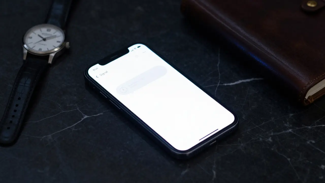 A smartphone displaying an encrypted messaging app, resting beside a wristwatch and leather journal in dim light.