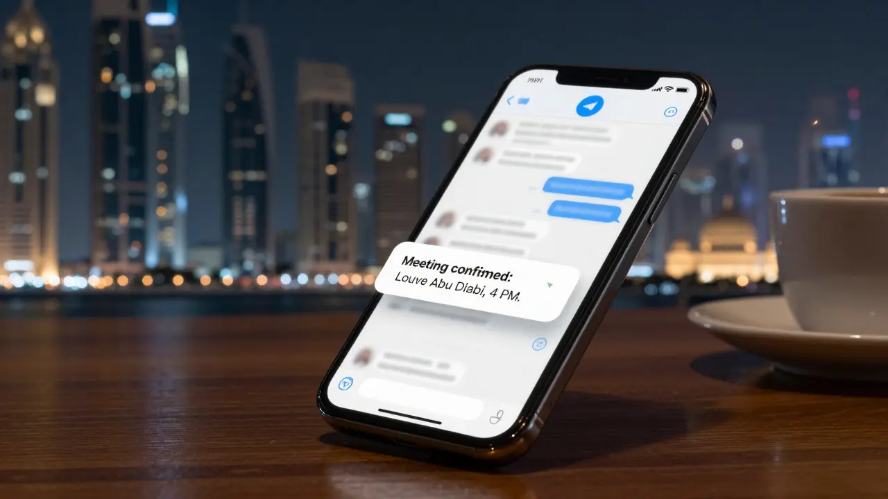 A smartphone screen displaying an encrypted messaging app with a confirmed meeting time in Abu Dhabi.