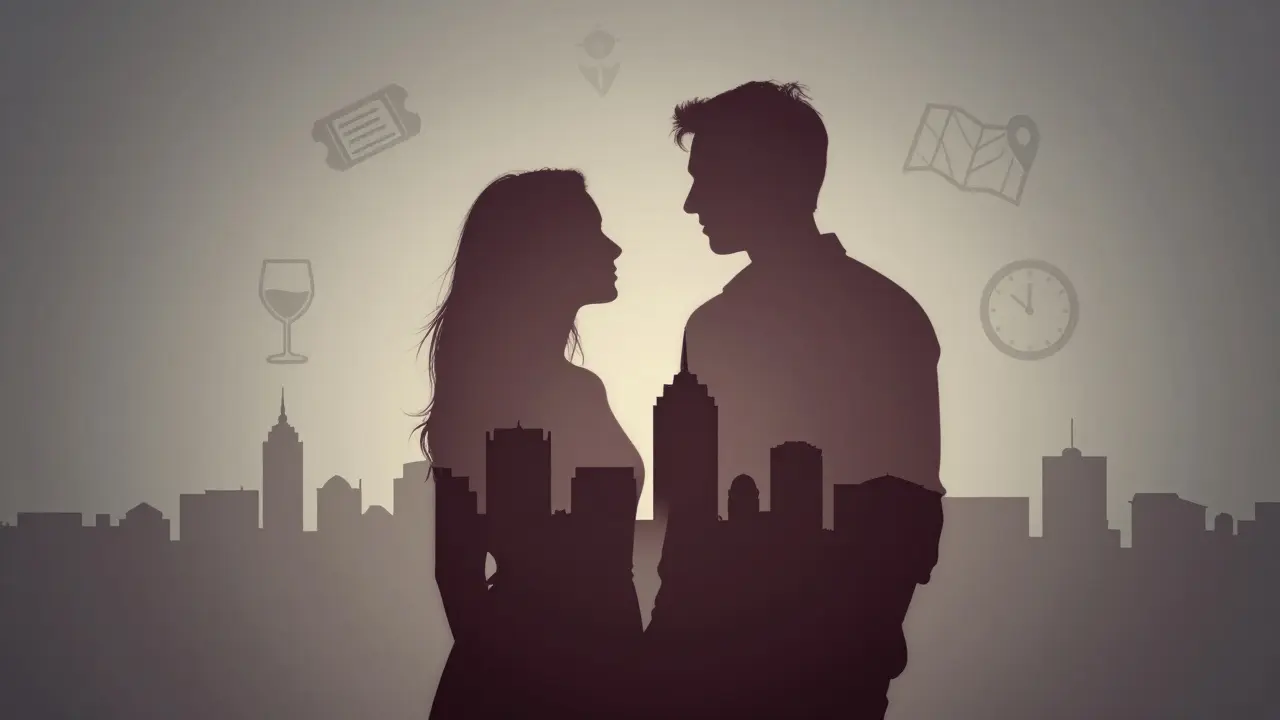 A transparent city silhouette surrounds a person, with icons representing cultural access, time, and companionship in muted tones.