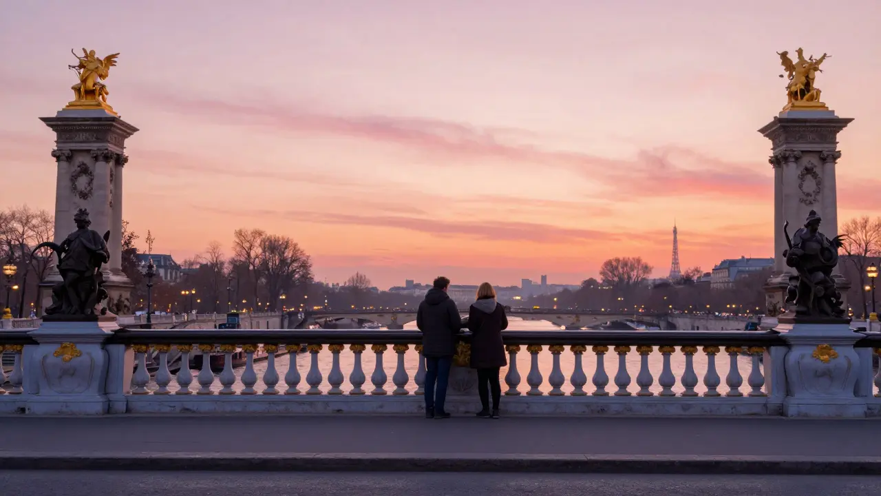 A traveler and companion pause at Pont Alexandre III at sunset, watching the Seine reflect the golden sky, with the Eiffel Tower faintly in the distance.