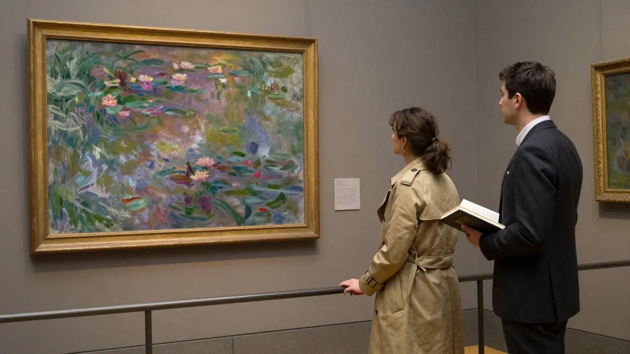 A woman and man in a quiet museum corner, both admiring a Monet painting, lost in silent, respectful contemplation.