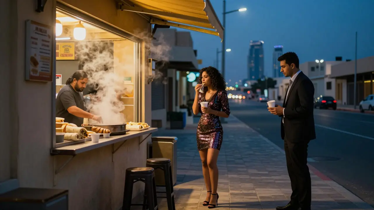 A woman in cocktail dress eating shawarma at 3 a.m. outside Al Mallah with warm shop light against cool streetlights.