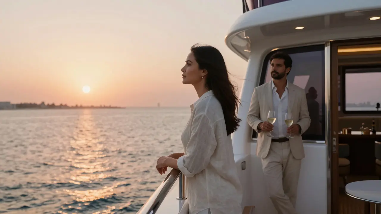 A woman stands alone on a yacht at sunset, gazing at the horizon as golden light reflects on the water.
