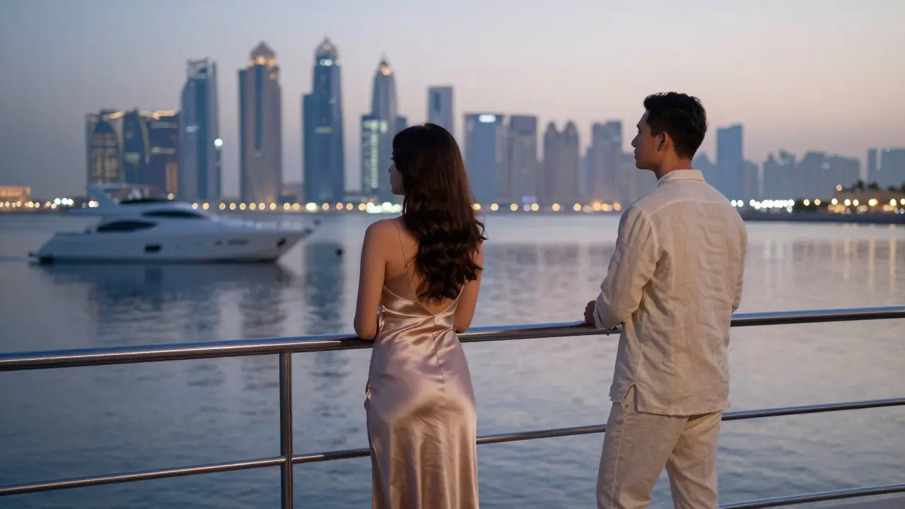 A woman stands at the rail of a luxury yacht at dusk, gazing at Abu Dhabi’s skyline as a man stands nearby.