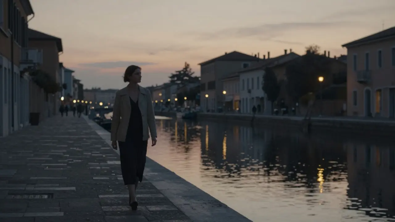 A woman walking alone along the Navigli canal at sunset, lanterns glowing softly, her reflection in the water, twilight sky casting calm colors.