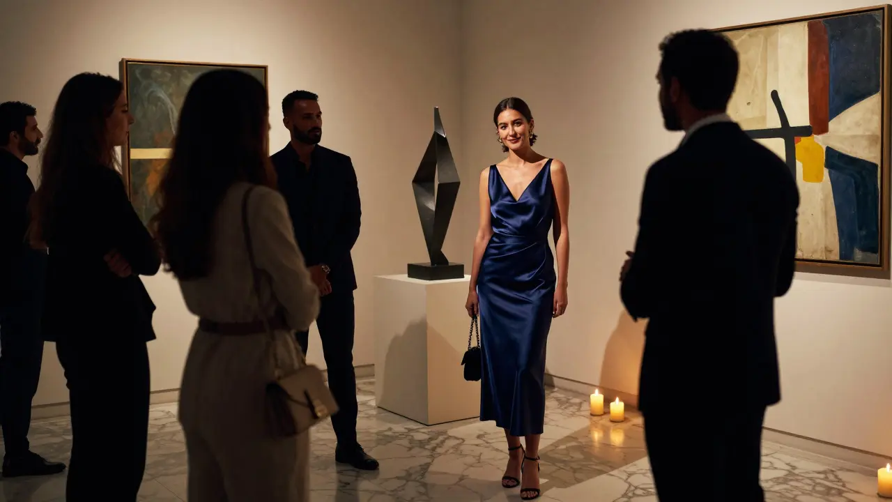 An elegant woman engages quietly with guests at an Abu Dhabi art gallery, her presence drawing attention without words.