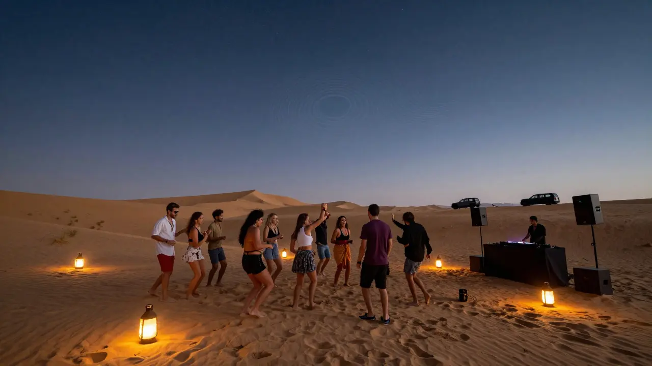 Crowd dancing in a desert rave under a starry sky with glowing lanterns and portable speakers.
