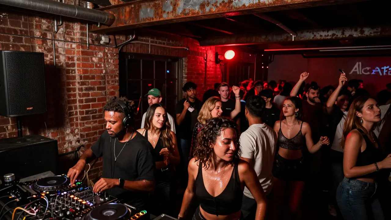 Crowd dancing to techno in the dim, industrial interior of Alcatraz nightclub.