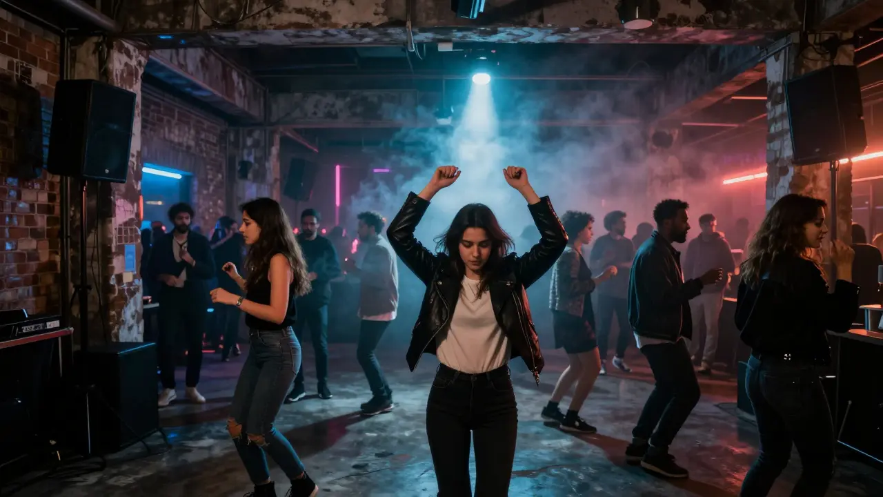 Diverse crowd dancing in an industrial warehouse club in Karaköy, neon lights and smoke filling the air.