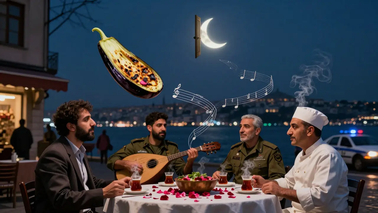 Floating Turkish dishes above a diverse table at 3 a.m., tea steam twisting into music and petals, police lights faint in distance.
