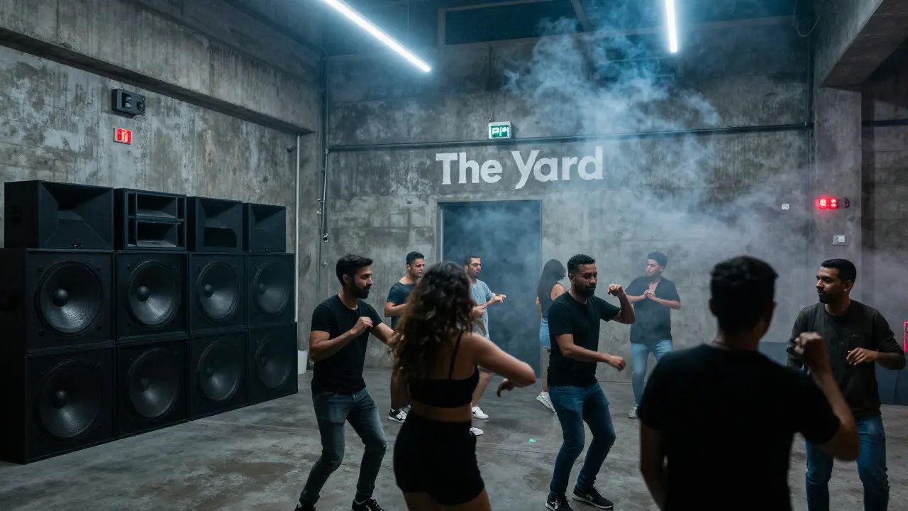 Industrial warehouse club with strobe lights and dancers, raw concrete walls, no branding, intense energy.