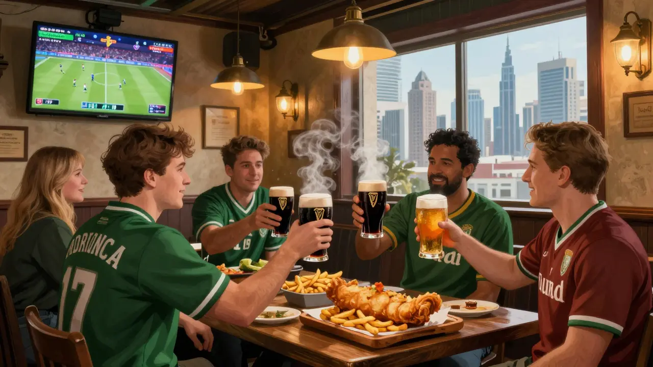 Irish pub-style sports bar with patrons drinking Guinness, TVs showing game replays, and plates of fish and chips under warm lighting.