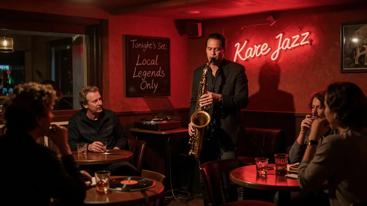 Jazz musician playing saxophone in a dimly lit basement club, patrons enjoying drinks in quiet intimacy.