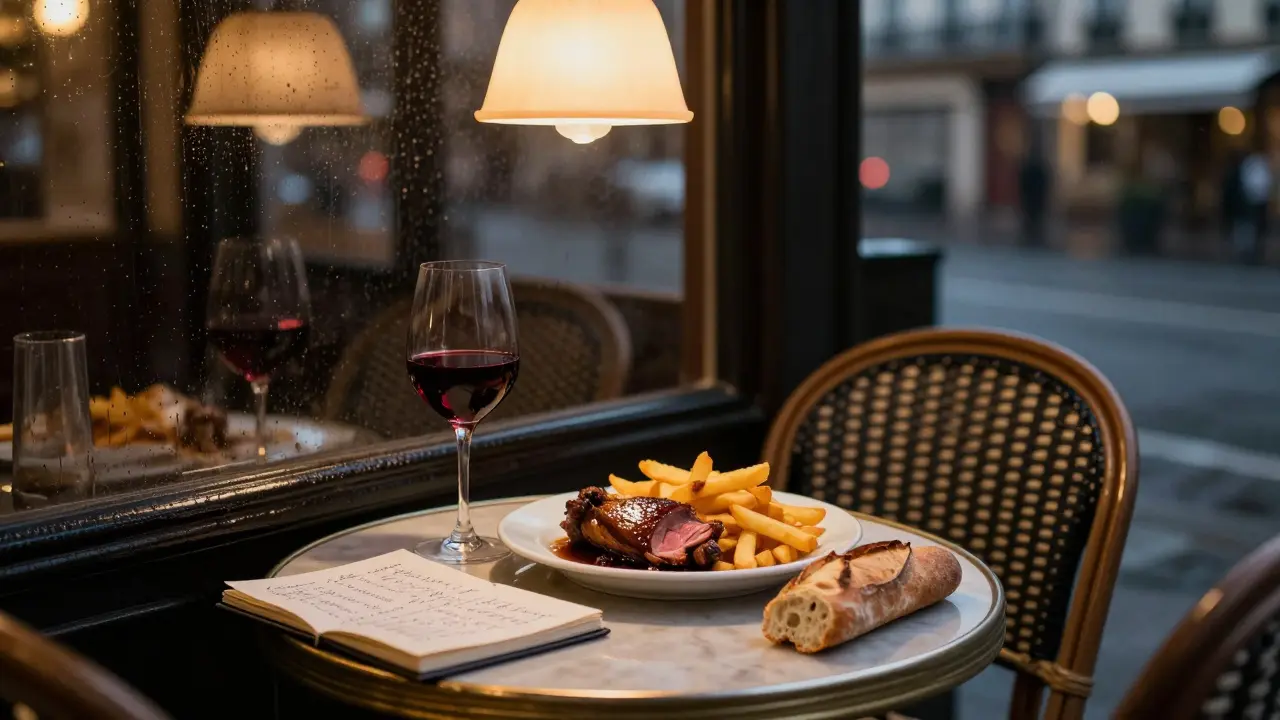 Late-night bistro table with duck confit and red wine, notebook and baguette nearby, rain-blurred streetlights outside.