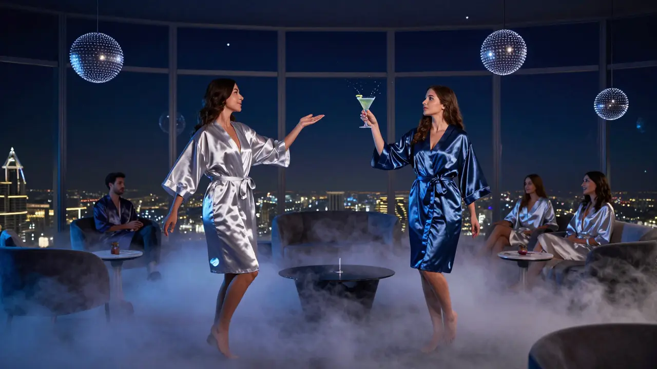 People in silk robes floating gently in a misty, starlit lounge, surrounded by suspended LED orbs in a weightless atmosphere.