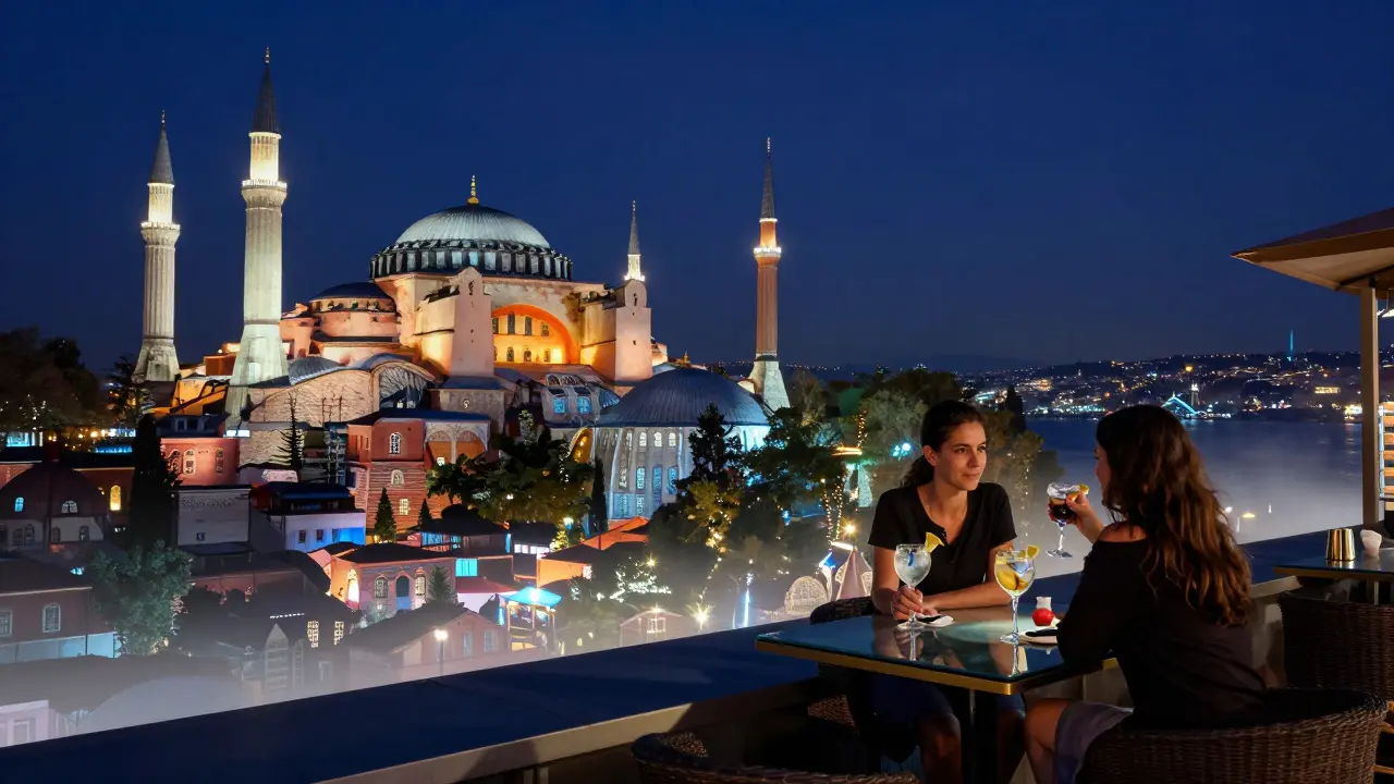 Rooftop bar at 360 Istanbul with stunning view of illuminated Hagia Sophia and Blue Mosque at midnight.