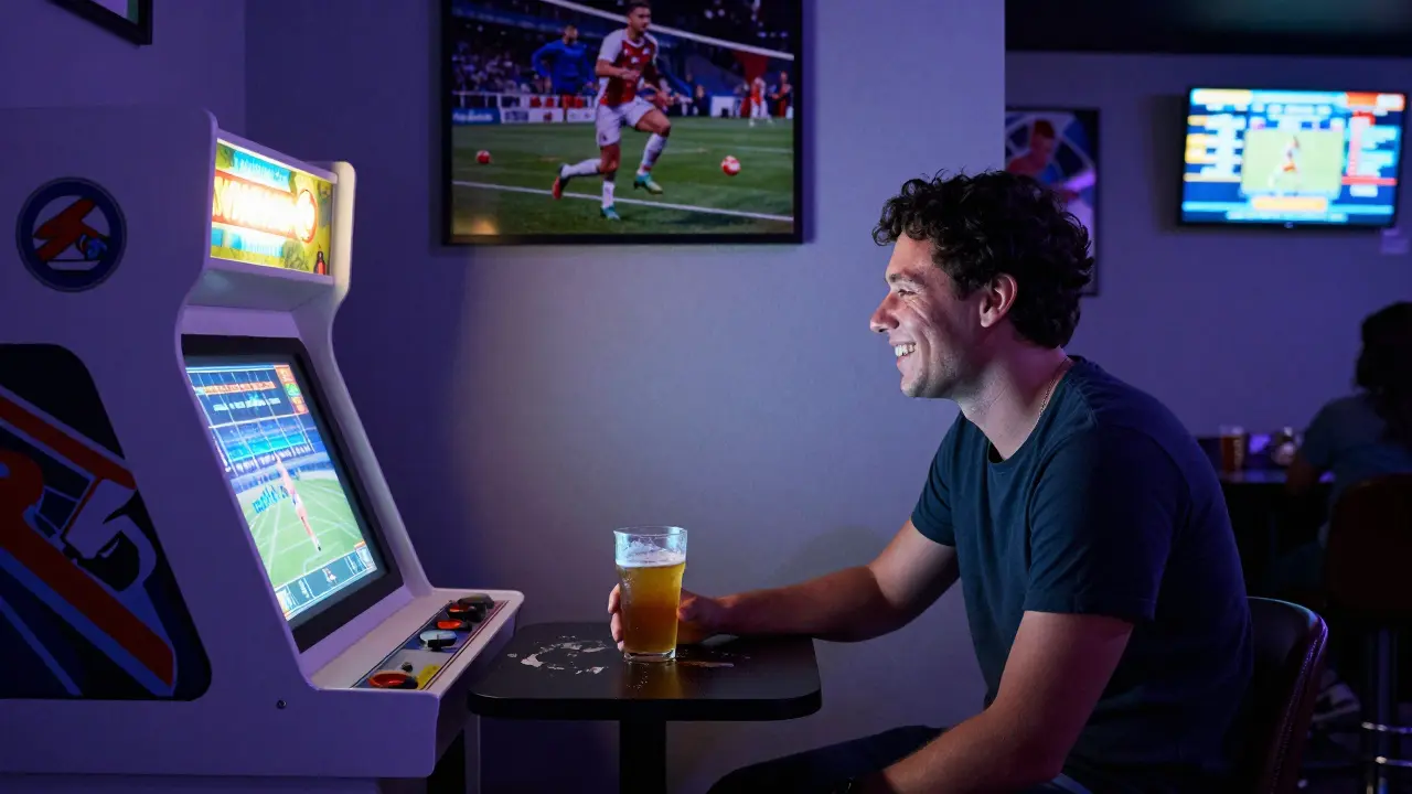 Solo visitor at a retro sports bar playing arcade games beside a beer, with trivia scoreboard and dim ambient lighting in background.