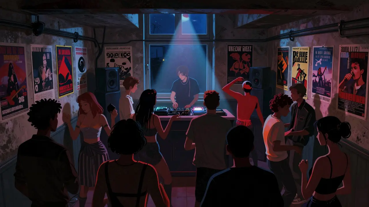 Tiny basement club in Paris packed with locals dancing under colorful lights, vintage DJ setup, faded posters on walls.