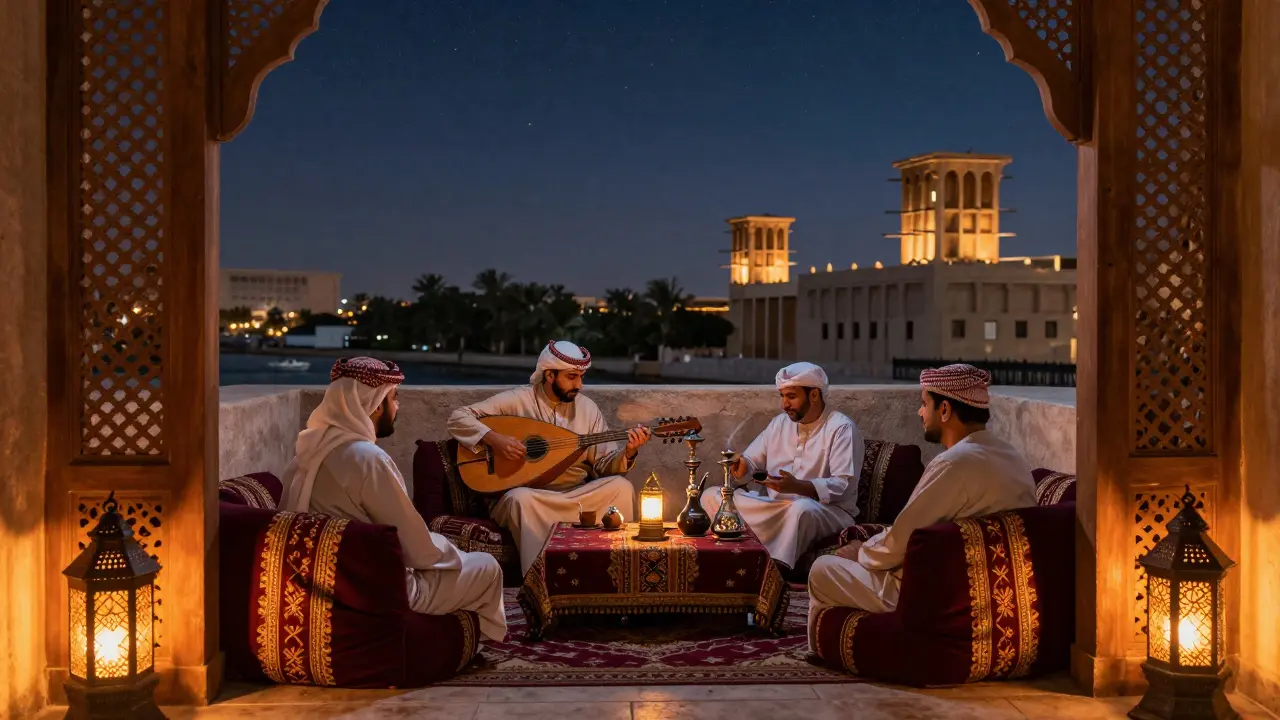 Traditional Arabic lounge under lantern light, oud player performing, guests enjoying coffee and shisha at night.
