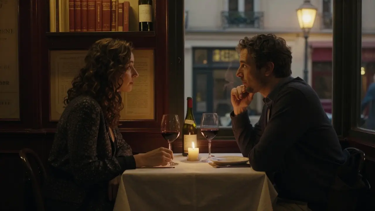 Two people enjoy an intimate dinner at a quiet Parisian bistro, lit by candlelight and wine glasses, with books visible in the background.
