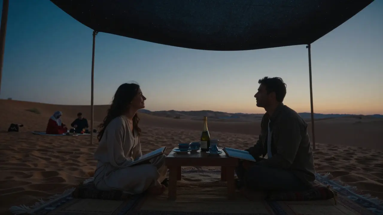 Two people enjoying champagne under a starlit desert sky, seated on rugs with fine tableware, surrounded by gentle desert ambiance.