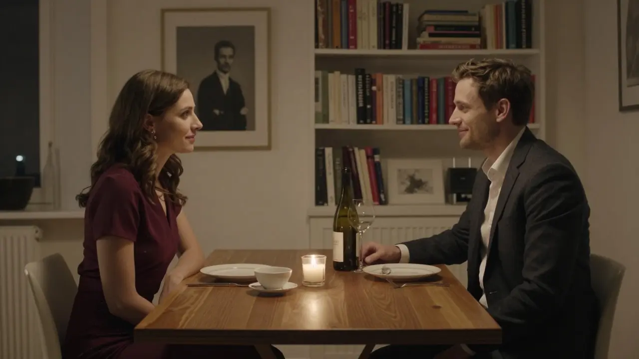 Two people sharing a quiet dinner in a Berlin apartment, candlelight casting warm shadows over fine china and wine.