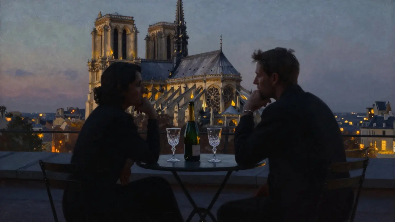 Two silhouettes on a Paris rooftop at dusk, sharing Champagne with Notre-Dame glowing in the background, no faces visible.